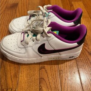 Nike Air Force White Sneakers with Purple and Black Accents